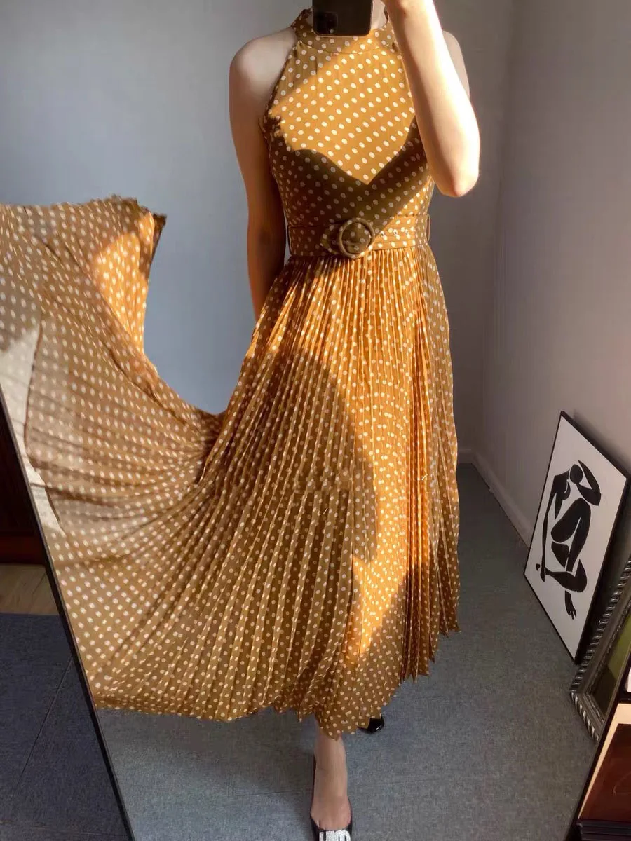 Pinkoz polka dot sleeveless maxi dress women party dinner halter pleated runway luxury chiffon brown with belt vintage | Женская одежда