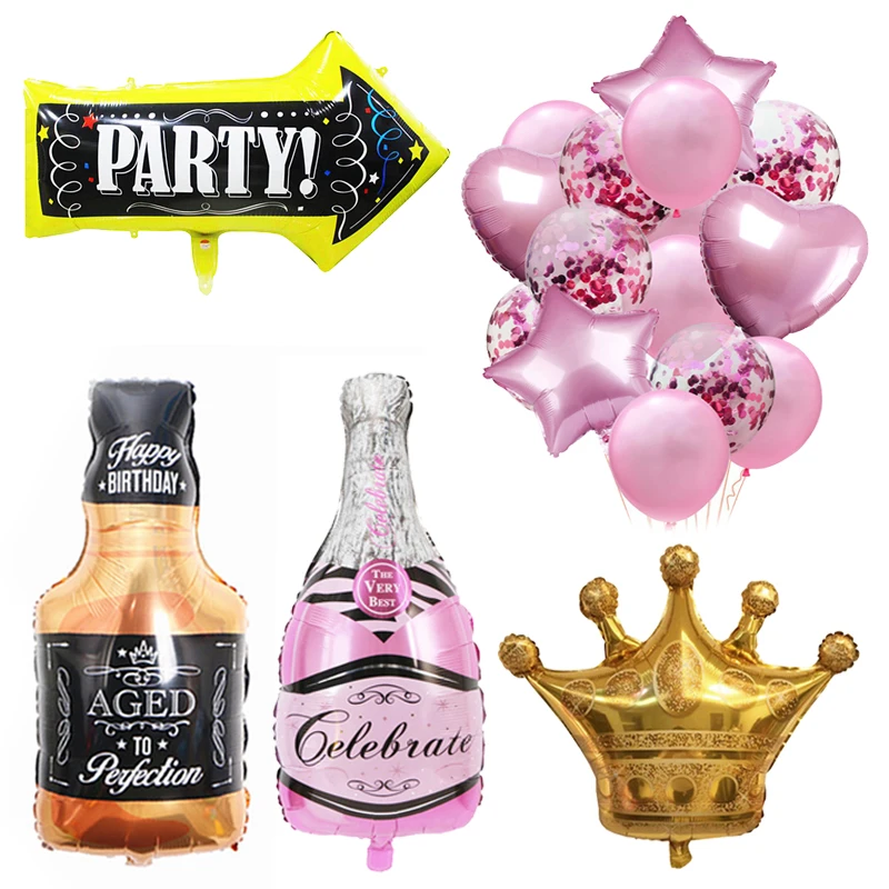 

Whisky Bottle/Champagne Cup Balloons Happy Birthday Party Decorations Kids Adult King Crown/Wedding Balloon