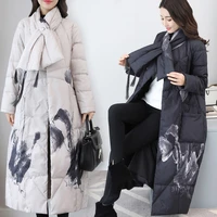 new winter best selling womens down jacket fashion ink printing white duck down warm jacket outdoor leisure mid length jacket