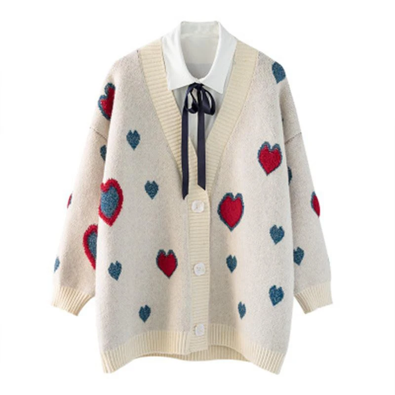 

SALEQI Women Spring New Knitted Sweater and Cardigans Sweet heart Knitwear Oversized Cute Knit Jacket Coat Loose Cardigans Coat