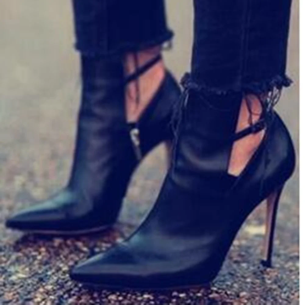 

Женские кожаные ботинки с острым носком, на высоком каблуке