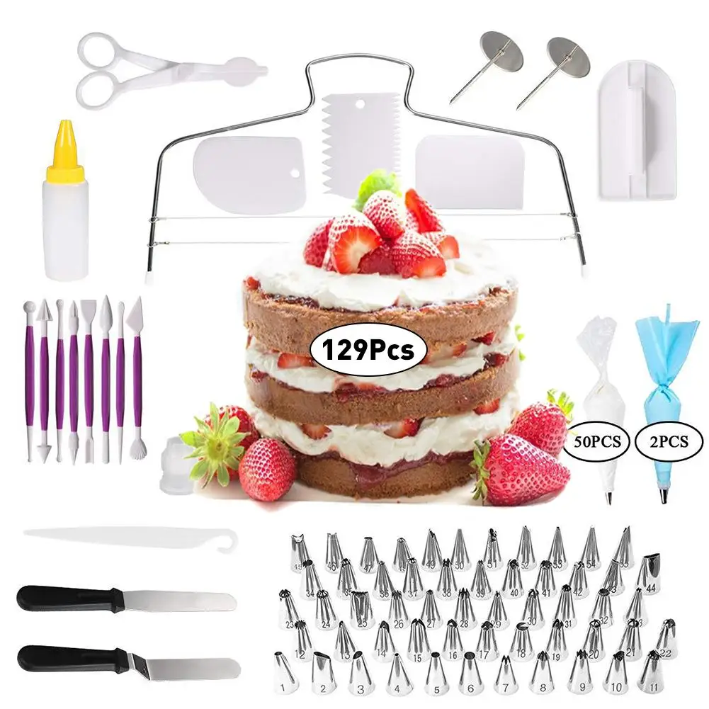 129pcs Cake Decorating Tools Baking Confectionery Kit 50PCS Piping Icing Tips Nozzles Turntable Spatula Fondant Tool # |