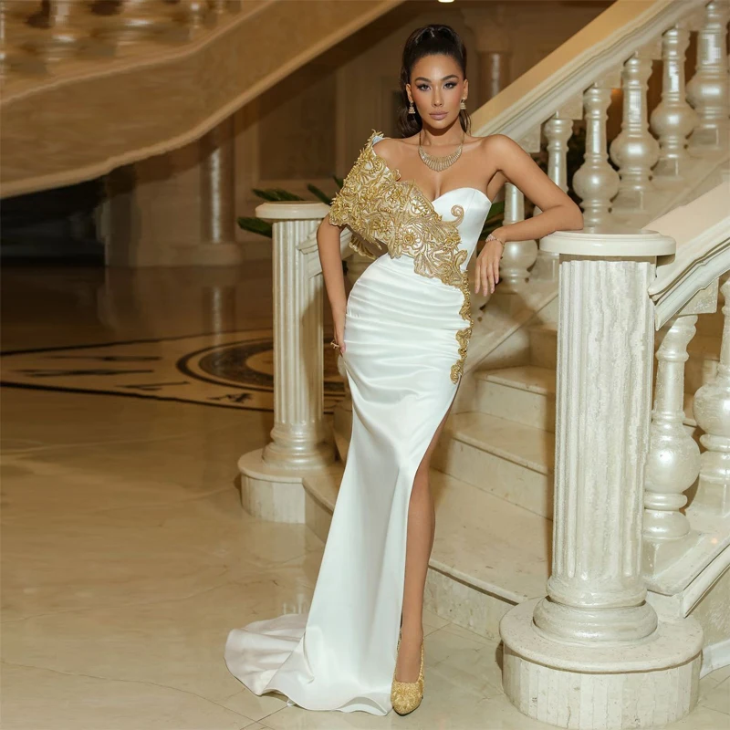 

Elegant Mermaid Satin Prom Dresses One Shoulder High Split Gold Appliques Women Evening Pageant Gowns Plus Size Custom Made