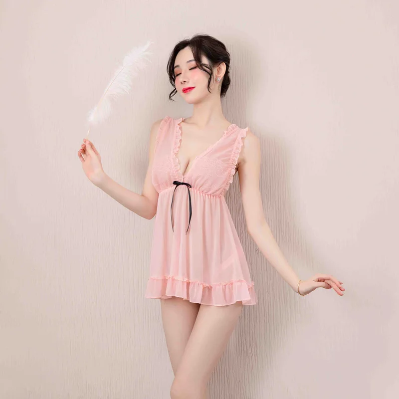 

Women Sleepwear Pyjamas Summer Negligee Babydoll Nightwear Net Yarn Sexy Women Nightgown+Pantie Set Deep V Lace Women Sleepwear