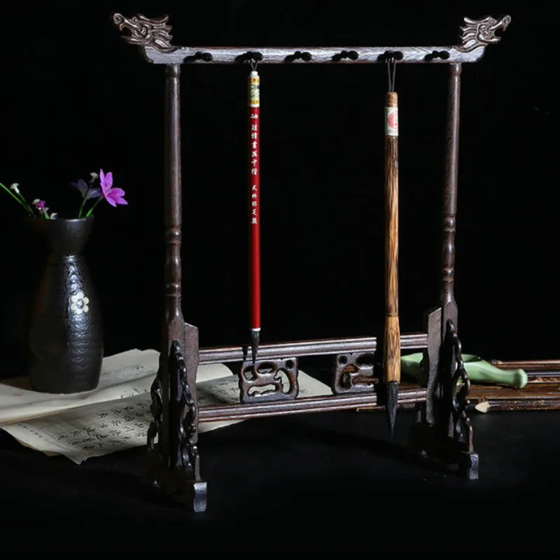

Chinese Brush Hanger Calligraphy Pen Holder Mahogany Wood Stand Hanging Brush Pen Rest Chinese Style Desk Decor Art Supplies