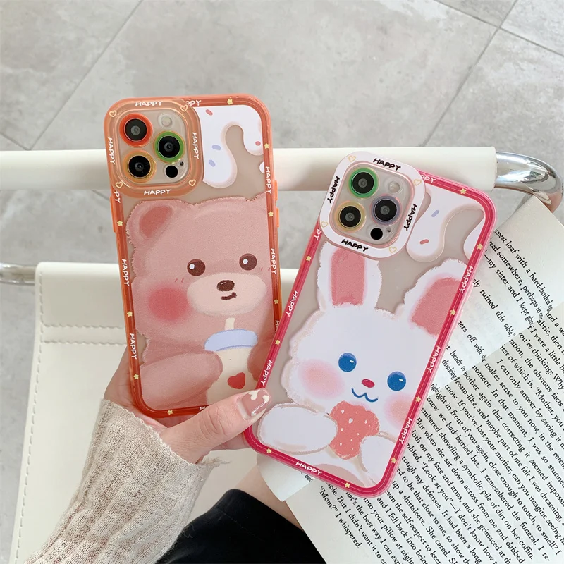 

Cute Cartoon Rabbit Bear Phone Case For iPhone 12 11 Pro XS Max X XR 7 8 Plus Shockproof Protective Shell Transparent Soft Cover