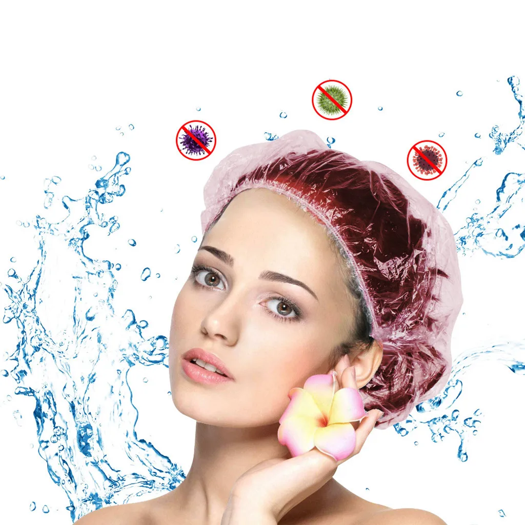 

VEHHE 100 Pcs Disposable Elastic Shower Cap Transparent Color Spa Hair Salon Hotel One-Off For Travel Bathroom Products