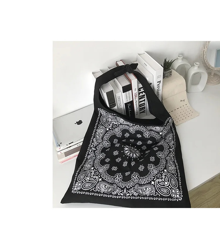 Женская сумка-тоут из льна и хлопка черная Повседневная сумка в полоску богемном