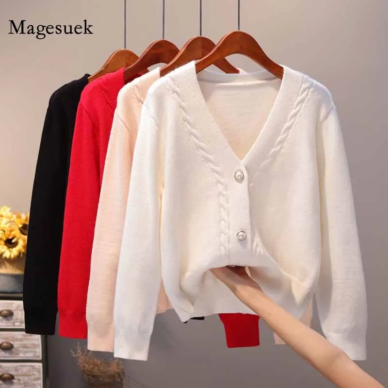 

2020 Autumn and Winter New Korean Style Loose Outer Solid White Sweater Cardigan Knitted V-neck Twist Casual Sweater Women 11845