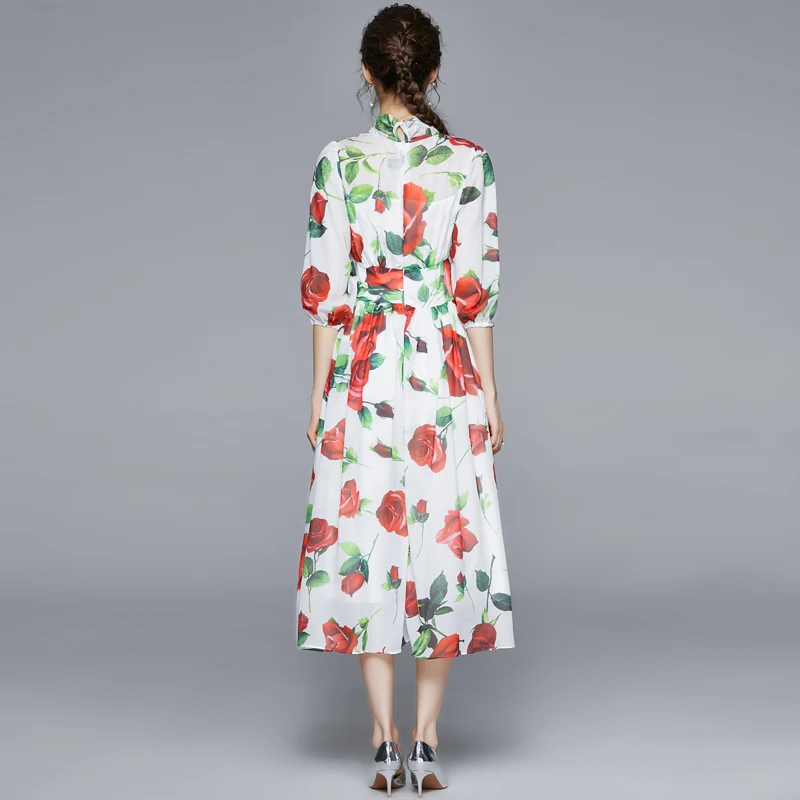 

2021 new women's bow tie printing high waist and big swing elegant long skirt dress women