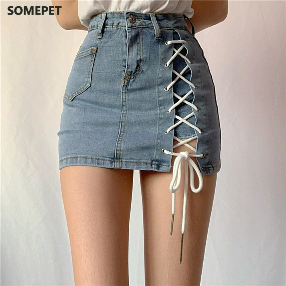 

Summer denim high waist criss-cross bandage skirt shorts women fashion sexy tight elastic short jeans womens clothing