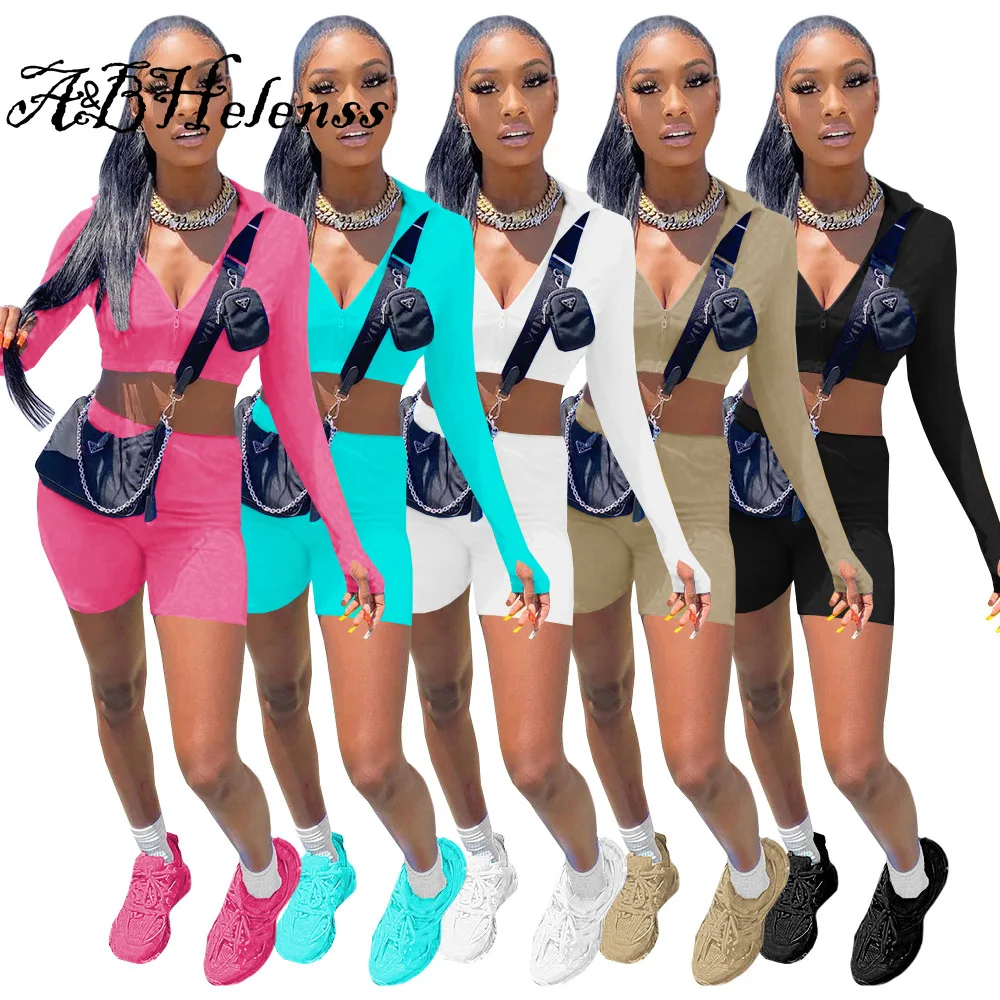 

Summer Female Outdoor Sports Jogging Suit Soild Zipper Thumbtack Revealing Long-sleeved Top + Biker Shorts Two Piece Set