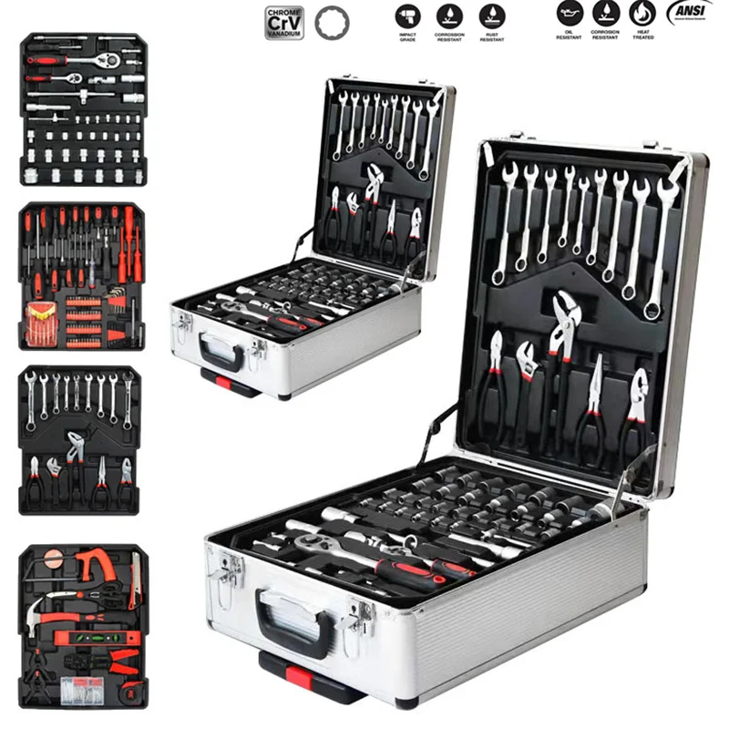499Pcs Aluminum Trolley Case Complete Tool Set,4-Layer Household Hand Tools Kit,Combination Ratchet Socket Wrench Auto Repair