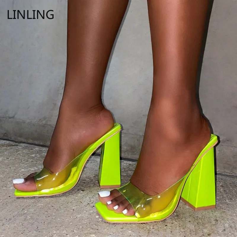 

2021 Women Sqaure Toe Slippers Woman Transparent High Heel Ladies Summer Outdoor Fashion Sandalias Sexy Women's Shoes Female