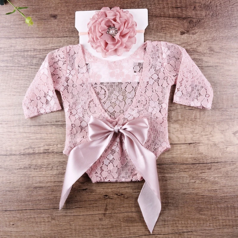 2Pcs/Set Baby Lace Romper+Headband Set Newborn Photography Props Bodysuit Jumpsuit with Headdress Infants Photo Shooting Outfits