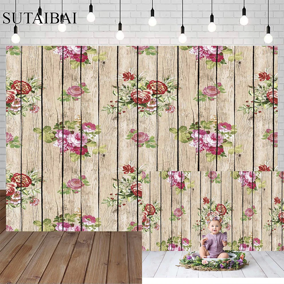 Enlarge Flowers Wooden Wall Baby Shower Photography Background Newborn Kid Birthday Party Backdrop Banner Child Portrait Studio Props