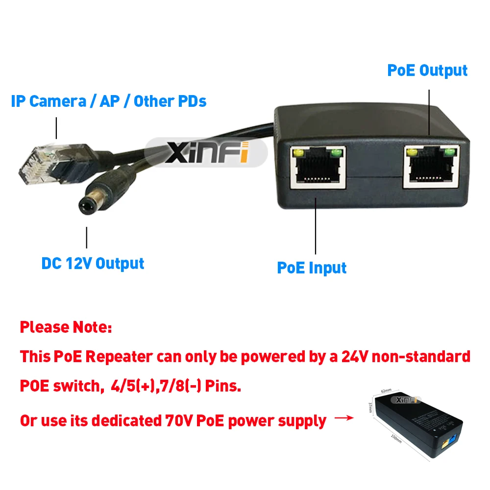XINFI 24-70 в DC вход 12V2A выход PoE сплиттер/расширитель/ретранслятор DC 5,5*2,1 Для ip-камеры/AP Каскадный режим простая установка