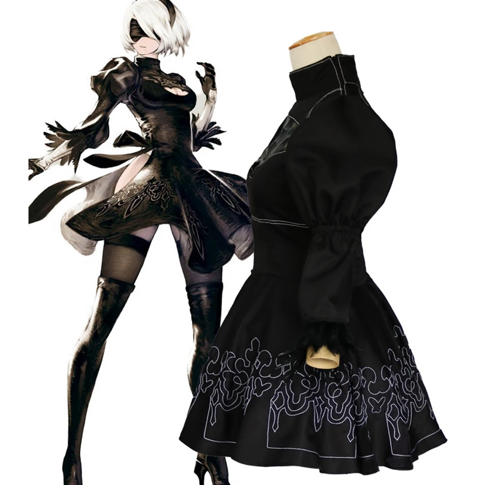Game Nier Automata Yorha 2B Cosplay Costume Anime Uniform Suit Women Girls Halloween Party Fancy Outfits Black Dress Wig Set |