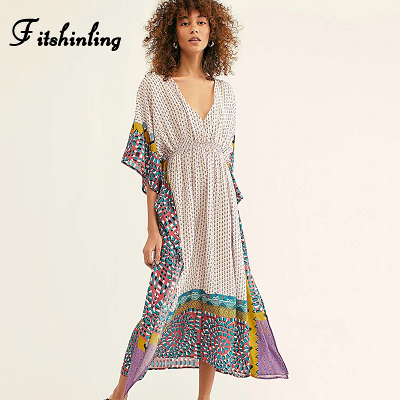 Fitshinling Geometric Print Vintage Maxi Dress Beach Wear 2020 V Neck Batwing Sleeve Pareo Oversize Robe Swimsuits Cover Up New | Женская