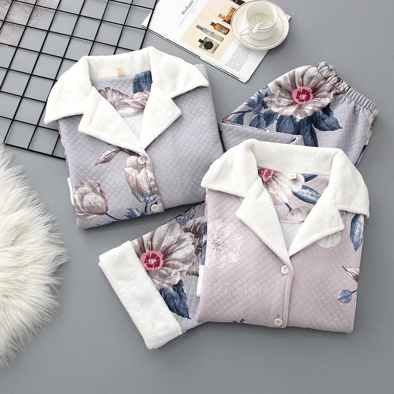

Japanese 2 Piece Pajamas Sets for Women Autumn Winter Cotton Thick Warm Loose Sleepwear Retro Floral Print Elegant Nightwear