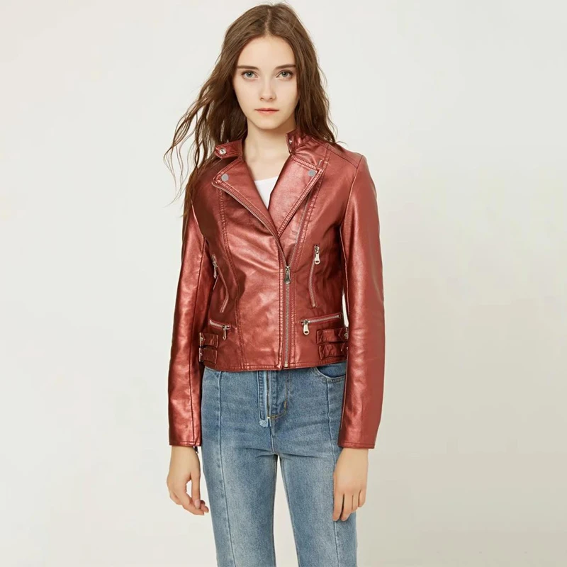 Куртка TMODA252 ZA Женская из искусственной кожи мотоциклетная блестящая красная