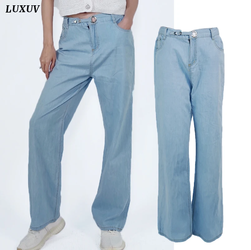 

LUXUV Light Soft Sweatpants Women's Trousers Urbane Wide Leg Sport Pants Tracksuit Cargo Mid Waist Denim Overalls Baggy Jeans