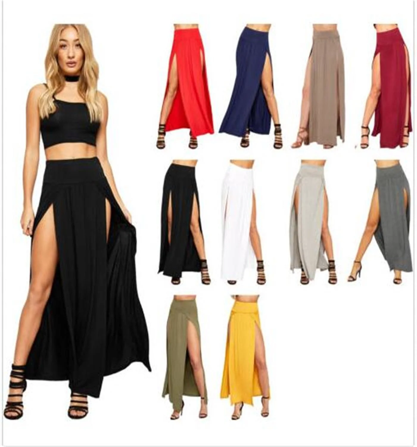 

2021 New Fashion Arrival High Waisted Sexy Womens Double Slits Summer Solid Long Maxi Skirt Wholesale 51 Valentine's Day Gifts