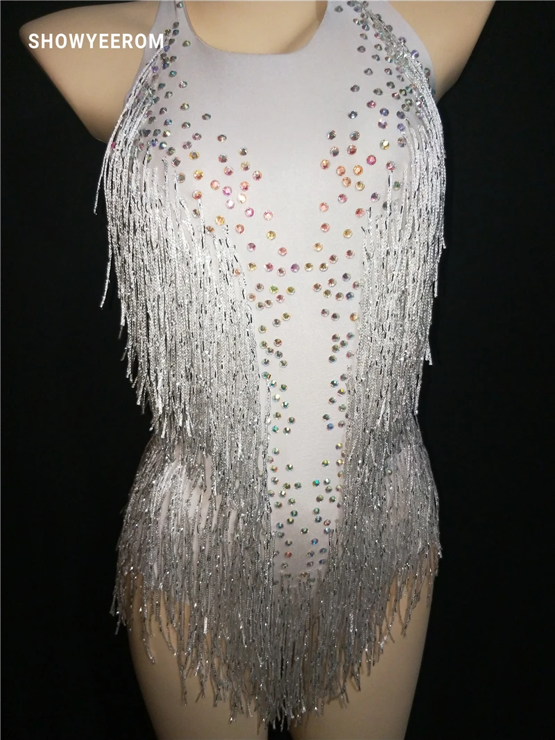 white Sparkly Rhinestones Tassel Leotard Nightclub Dance DS Show Stage Wear Stretch Bodysuit Party Female Singer Outfit | Тематическая