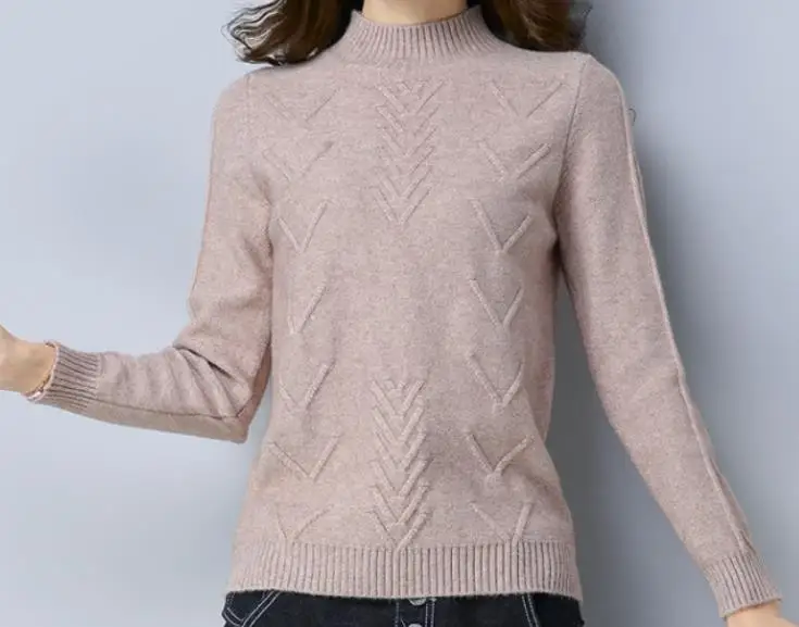 Khaki Soft Cozy Cashmere Cotton Blend Embossing Pullover Sweater Autumn Winter Women Clothes Basic Jumper Pull Femme Pink Sweater - Color: Khaki