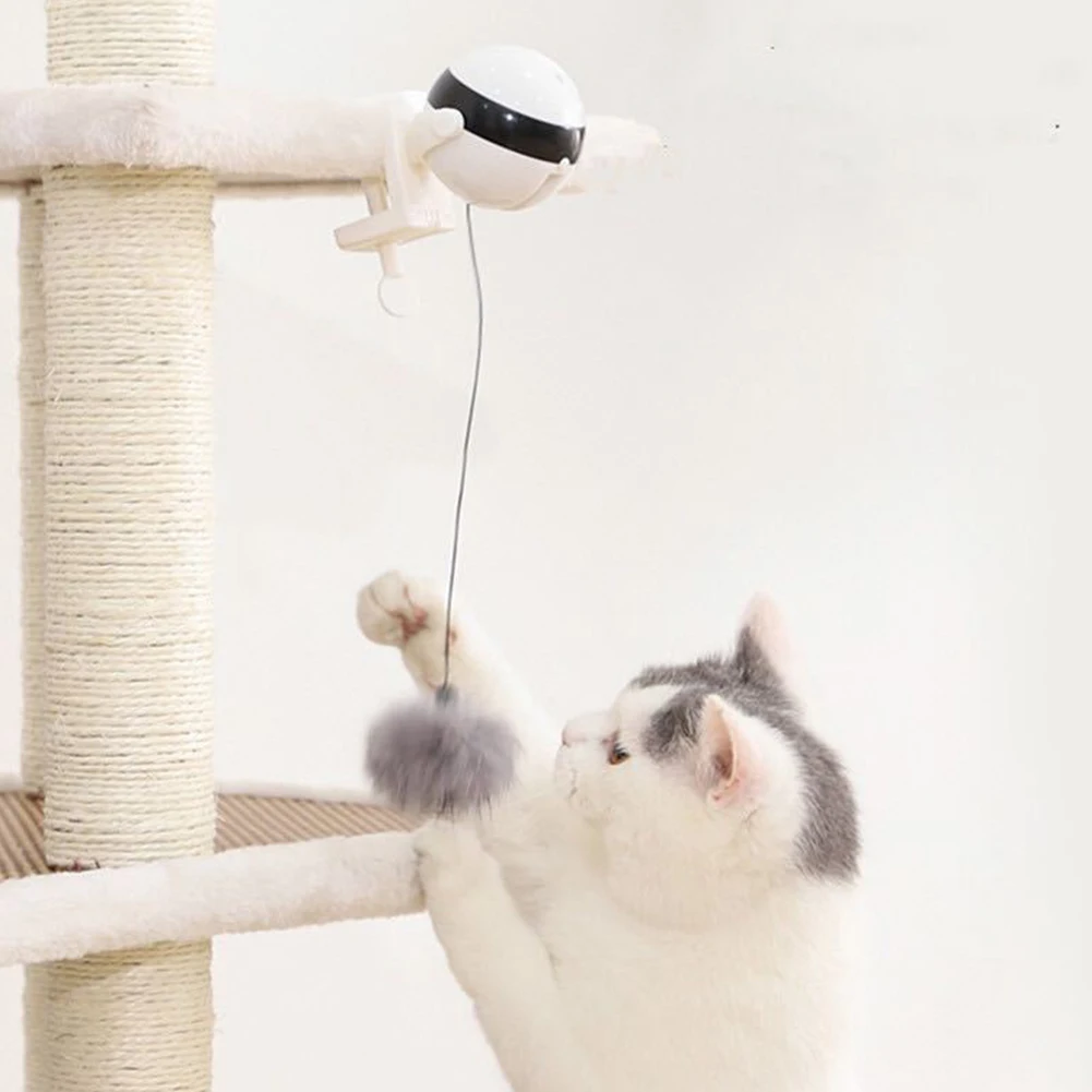 

Cat Toy Interactive Electric Cat Ball Lifting Ball Flutter Cat Toy Rotating Teaser Funny Rabbit Fur Ball for Kitten White