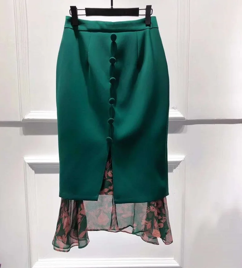 

Fashion Clothing Tops Sets 2021 Spring Summer Suit Wome Bow Collar Leaves Print Shirts+Buttons Deco Green Blue Mermaid Skirt Set