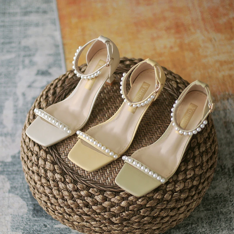

2021 Women's Retro Sandals Bead Summer High Heels Shoes Female Casual Office Career Thin Heels Oopen Toe Sexy Ankle Wrap Sandals