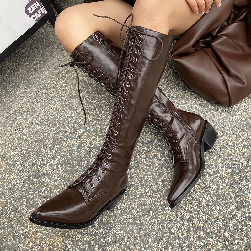 Murah Ukuran 34-39 Musim Dingin Lutut Wanita Hitam Gothic Sepatu Boots Square Heels Kulit Lutut Tinggi Sepatu Wanita Putih Sepatu Tempur