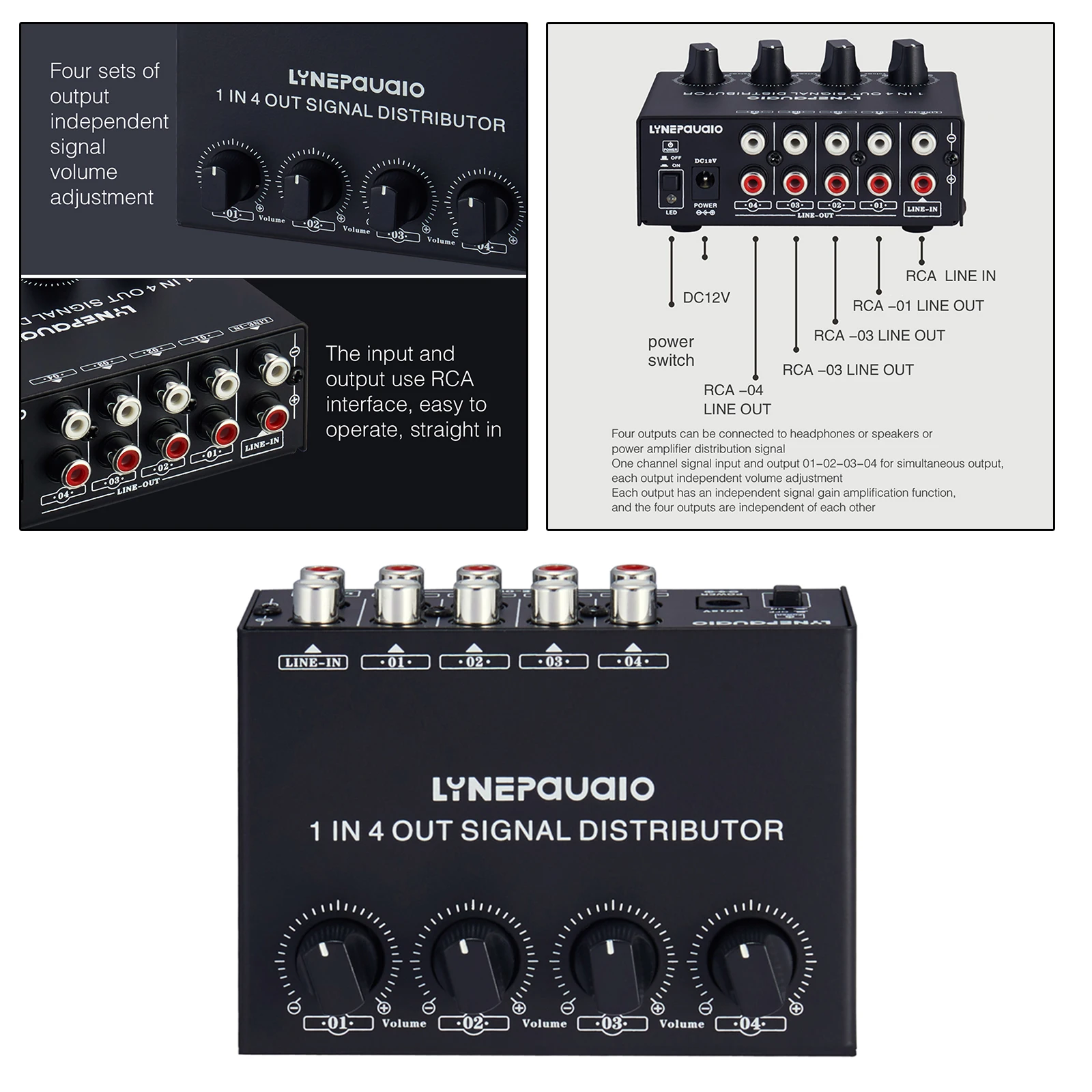 

1 in 4 Out Stereo Signal Distributor RCA Switch Box Aluminum Case, High Performance