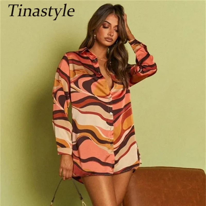 

Tinastyle Striped Print Casual Shirt Dress Women Blue Turn Down Collar Long Sleeve Buttons Loose Party Blouses Streetwear