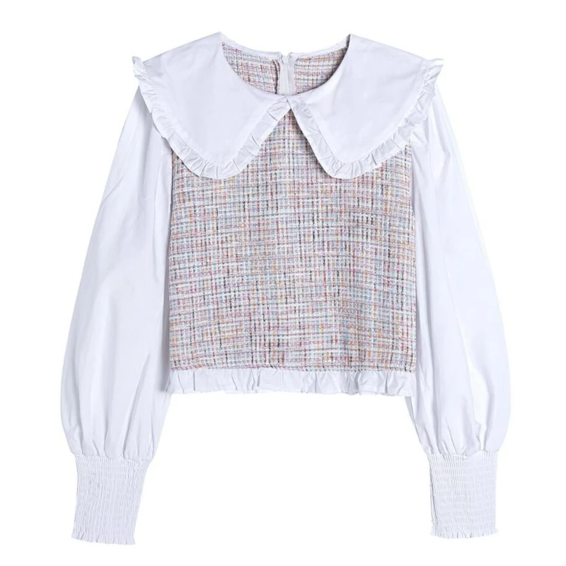 

Женская офисная блузка с кружевным краем, элегантная рубашка в стиле пэчворк, с воротником Питер Пэн, с бантом, для весны, 2021