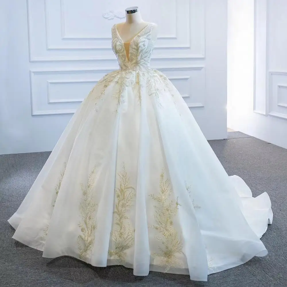 DD JYOY Luxury Beads Ball Gown Wedding Dress Small Train Sequined Lace Lace Up Back 2020 Unique Bridal Wedding Gown V Neck