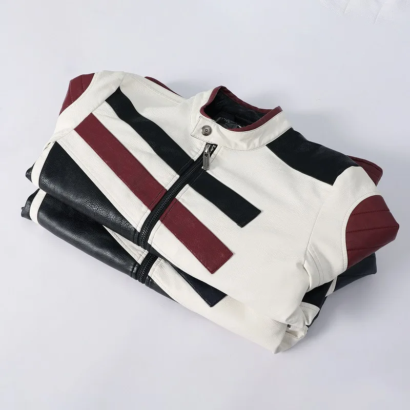 

2021 Newest Design Leather Jacket Men Stand Collar Motorcycle Leather Jacket Male Casual Fleece PU Coats Patchwork Biker Jacket