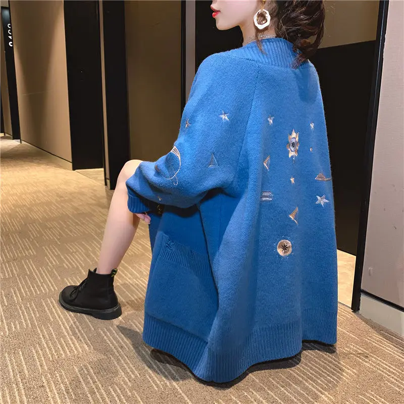 

New Boutique Women 's Cardigan Sweater 2021 Spring and Autumn Net Embroidery Baggy Coat