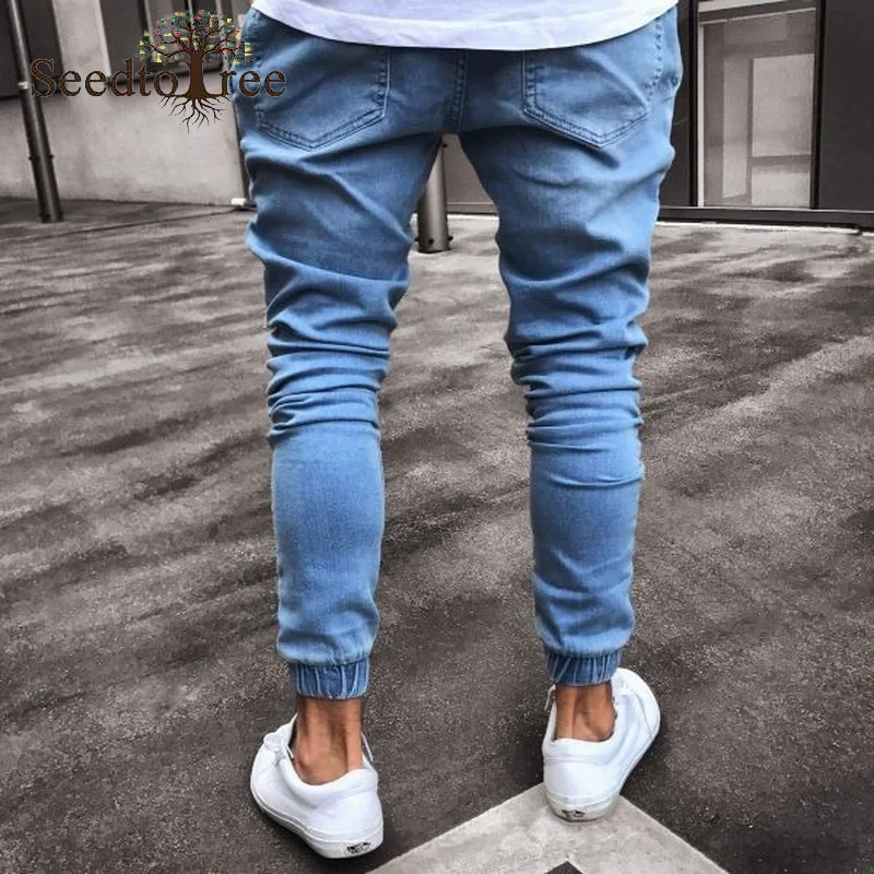 Solid Color Pleated Casual Men's Jeans Ankle Length Pencil Pants Slim Denim Trousers