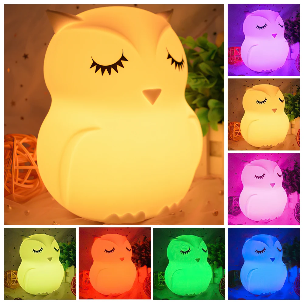 

Dimmable 7 Color LED Night Light Bedroom Decor Owl LED Lamp Nightlight Rechargeable Bedside Lamp Remote Control Nightlight