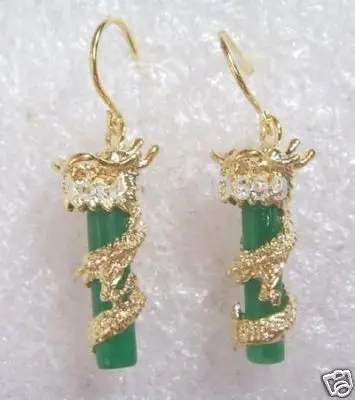 

WHOLESALE BEAUTIFUL 20*9MM GREEN NATURAL JADE 18K DRAGON PLATED EARRING