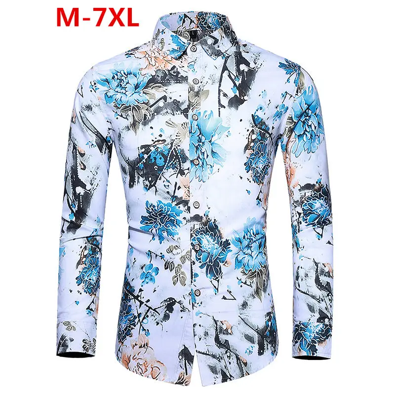 

Autumn New Man Vintage Shirt Men National Wind Pattern Print Long Sleeve Shirt Oversized Men Casual Slim Fit Shirts 5XL 6XL 7XL