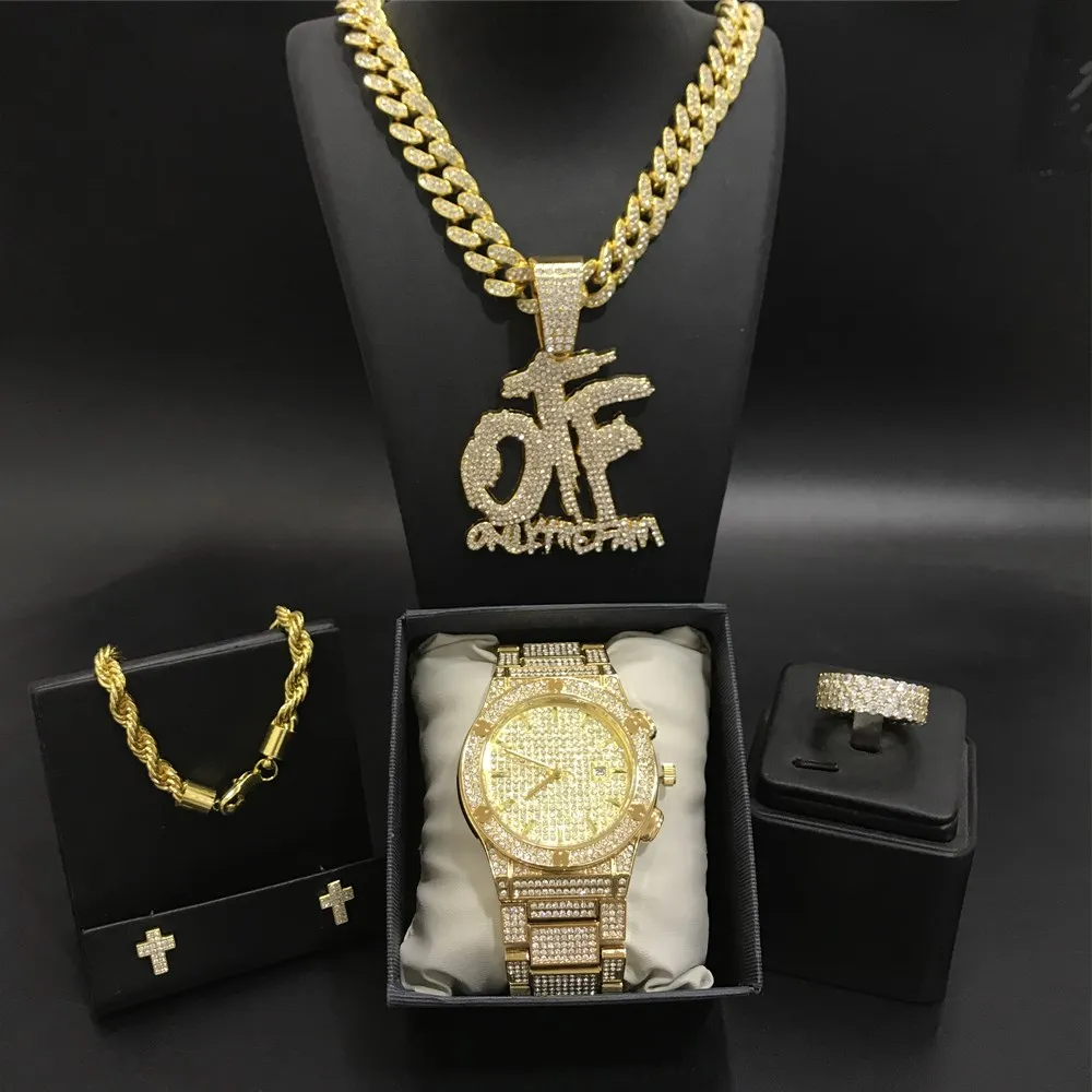 

Luxury Men Gold Color Watch & Neckalce & Braclete & Ring & Earring Combo Set Ice Out Cuban Crystal Miami Jewerly Hip Hop For Men