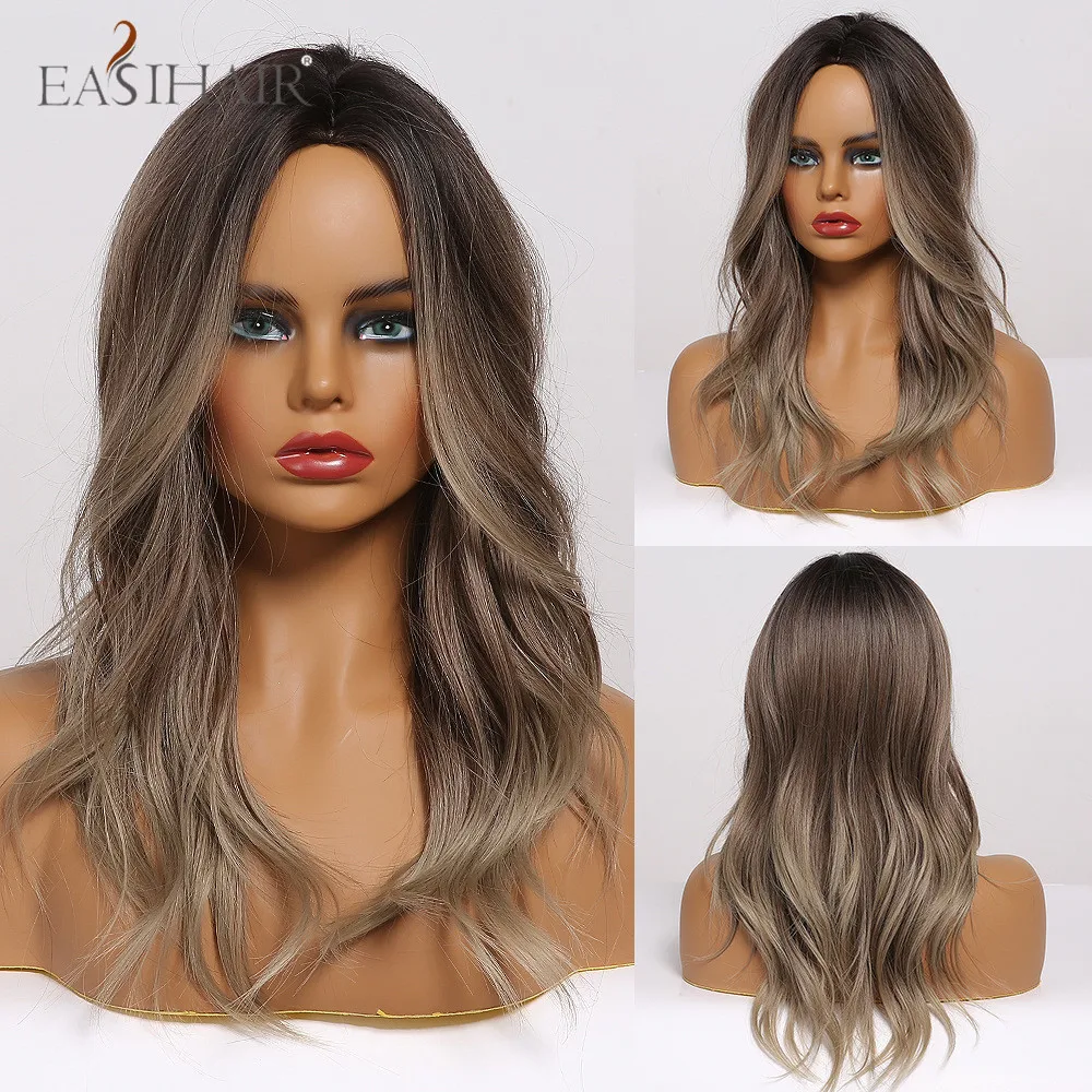 

EASIHAIR Medium Length Brown Ombre Women Wigs Middle Part Wavy Synthetic Wigs Natural Hair Wigs Heat Resistant Cosplay Wigs