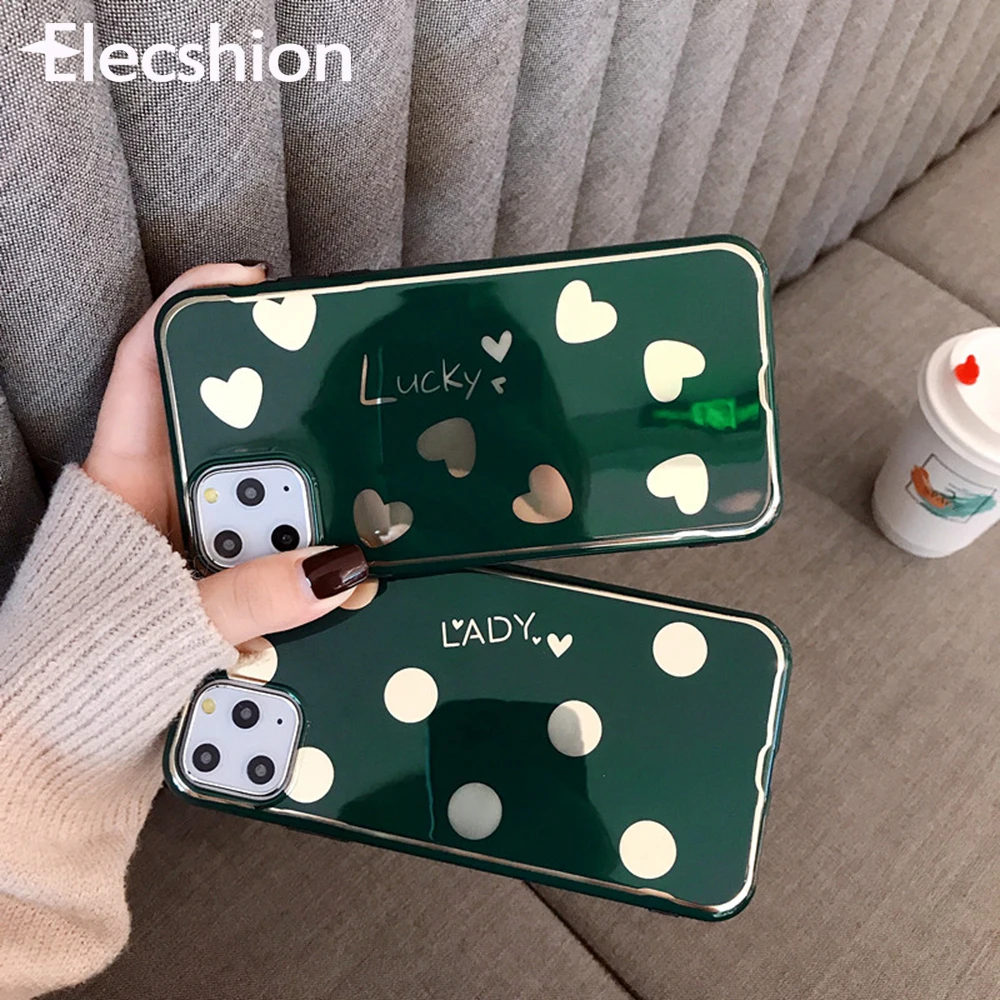 Зеленый зеркальный чехол для телефона iPhone 11 Pro Love Heart 7 8 XR Lucky Wave Point задняя крышка X