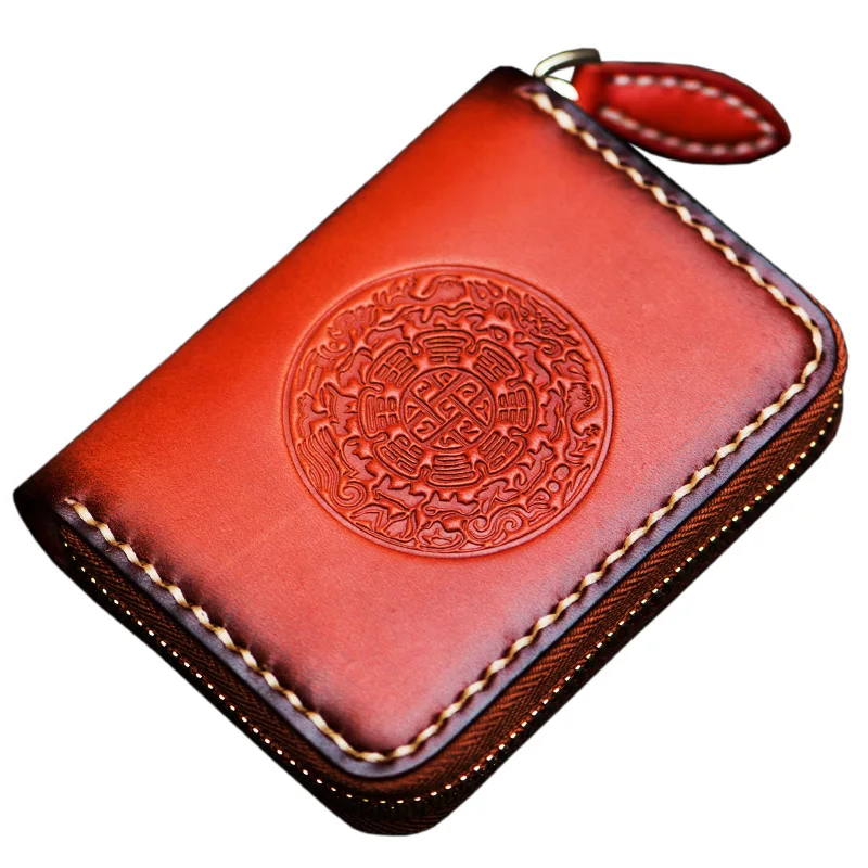 

Short Cow Leather Hand-made Wallets Purses Women Men Clutch Vegetable Tanned Leather Wallet Organ Card Holder