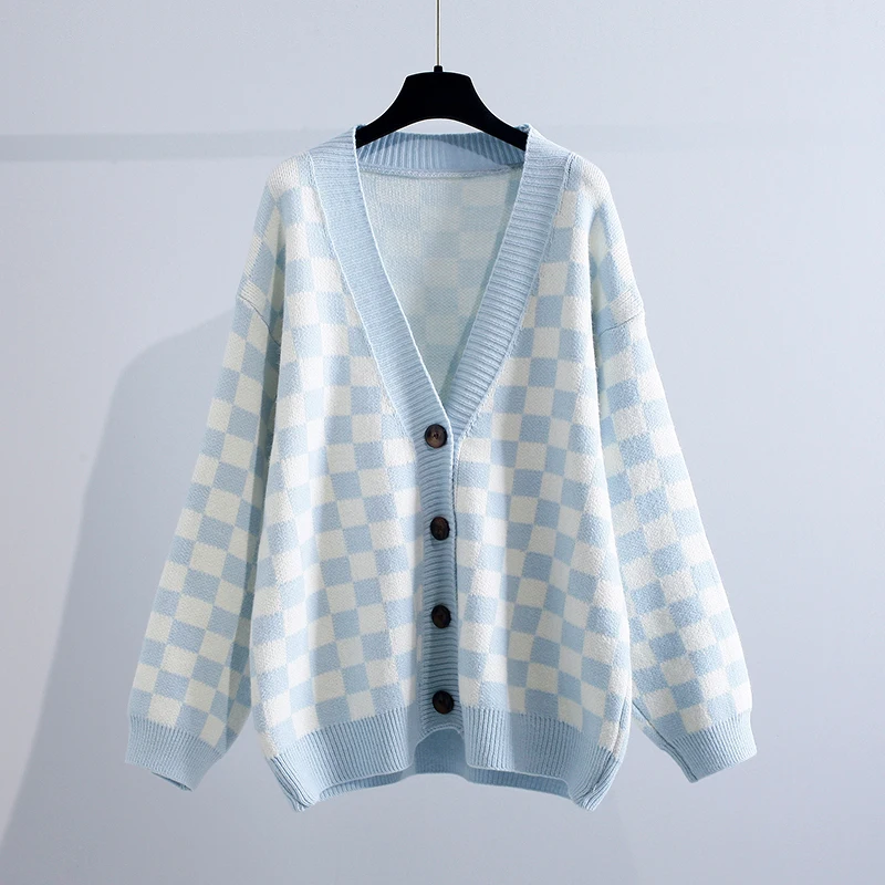 

Клетчатый вязаный женский свитер, кардиган, новинка зимы 2021, свободный, милый стиль, v-образный вырез, кнопки, утолщенная, теплая женская верх...