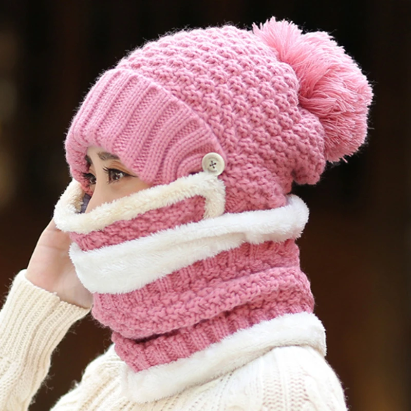 

3 Pcs/set Winter Women Hats With Breathing Mask 2in1 Knitted Cap Girl Pompoms Hat Warm Plush Lined Neck Scarf