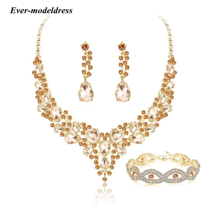 

Luxury Rhinestone Crystal Bridal Jewelry Sets Necklace Earrings Bracelet Set For Women Bride Wedding Jewelry Accessories 3PCS